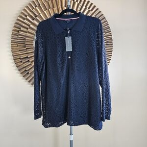 Tommy Hilfiger Cambridge Cay Lace Polo Top Navy Blue - Size 0X